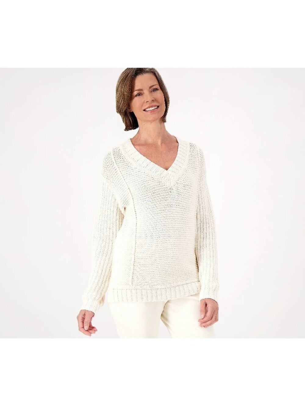 Encore by Idina Menzel Sweater XL Mixed Stitch V Neck Long Sleeve Oyster Capsule